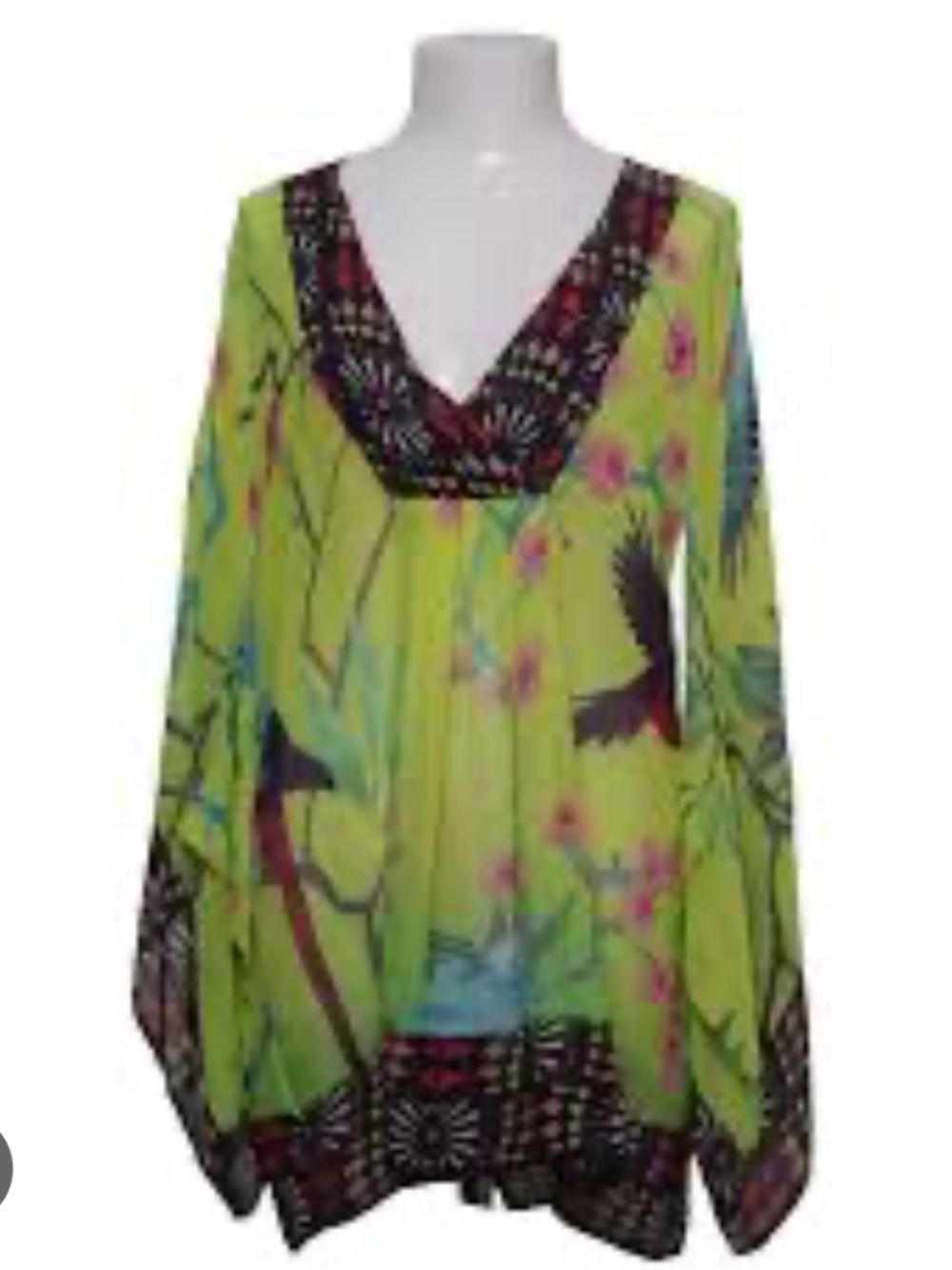 Matthew Williamson Lime Green Bird & Floral V-Neck Tunic